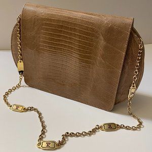NWT Vaness Laccari Tan Reptile Skin Leather Handbag w/ Gold Chain Shoulder Strap